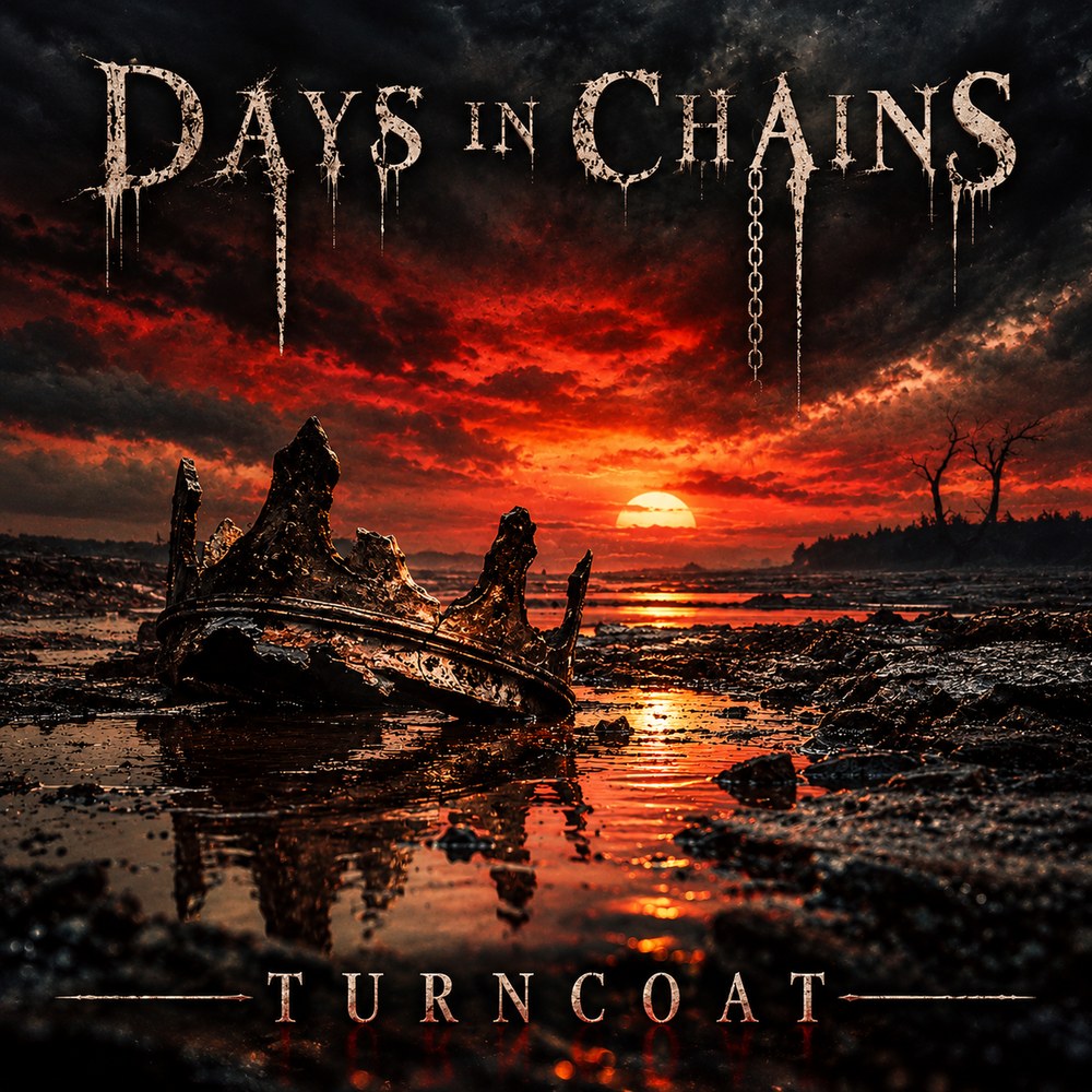 Turncoat cover art, a broken crown lying in black water under a blood red sky